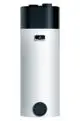 Vaillant-Warmwasserspeicher in zylindrischer Form, mit digitalem Display und Bedienelementen an der Front, zwei Anschlüssen oben und einem Anschluss unten.